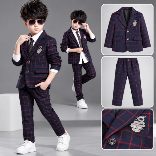 Boys Navy Blue Red Check 2-Piece Suit Set - COAT 2P-02