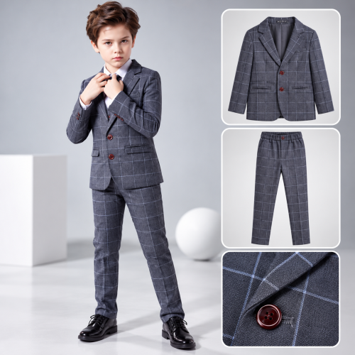 Boys Grey Check Coat 4-Piece Suit Set - Coat 4P-01