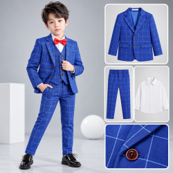 Boys Royal Blue Check Coat 4P Suit Set - Coat 4P-02