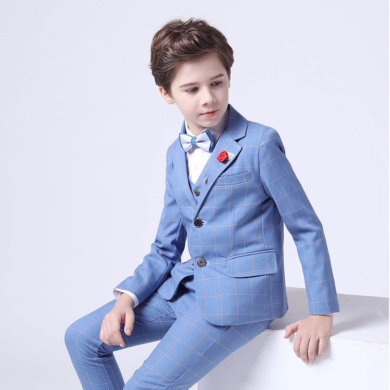 Fashion Boy Formal Suit Kids Quality Plaid Tuxedo Wedding Set Teenager Child Blazer Bowtie Pants Shirt Party Performance Costume