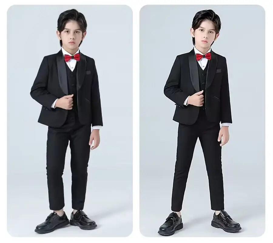 Fashion Boy Formal Suit Kids Quality Plaid Tuxedo Wedding Set Teenager Child Blazer Bowtie Pants Shirt Party Performance Costume