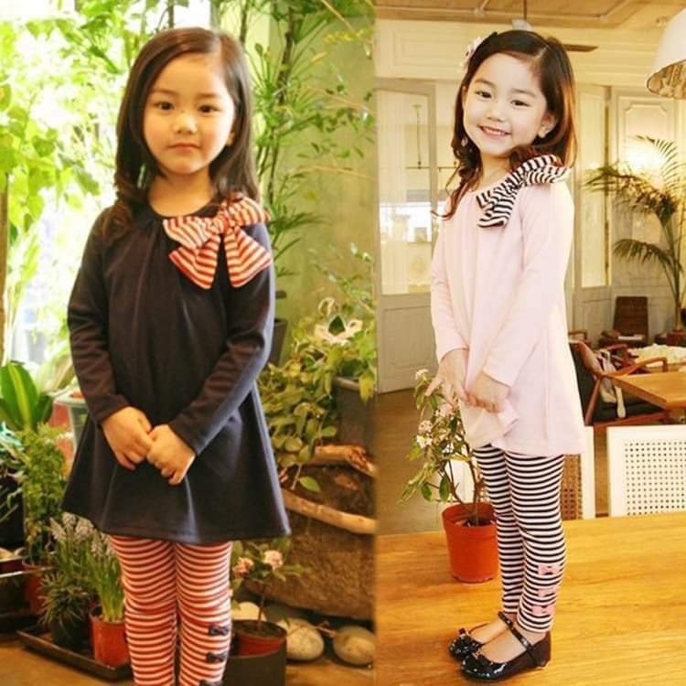 Children Casual Plain Striped Girls Dresses And Leggings Set