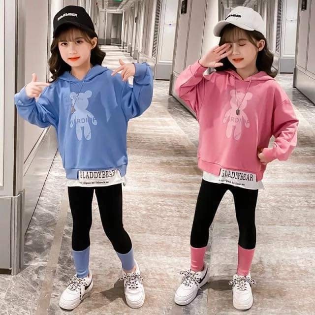 Spring Autumn Kids Tracksuit Bear Solid Color Loose Hoodie T Shirt Leggings Stretch Pants 2PCS Suit Korean Girls Clothes