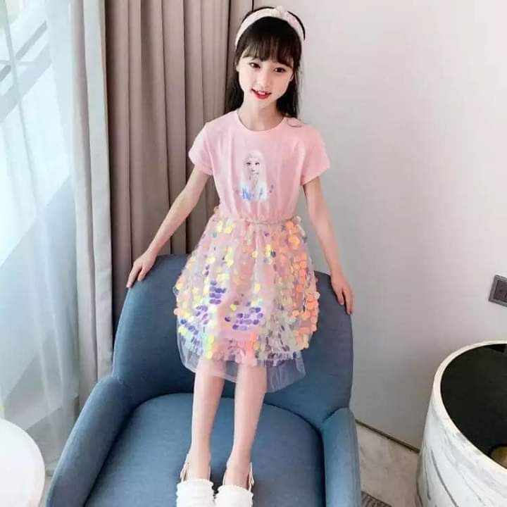 Children Clothing  Kids Baby Girls Sequined Dress Elsa Princess Elsa Short Sleeve Dress For Girls