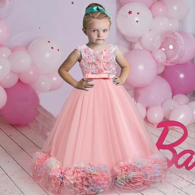 Girl Birthday Boutique Wedding Communion Pageant Dress Floral Puff Sleeveless Kids Model Show Floor-length Luxury Princess Dress