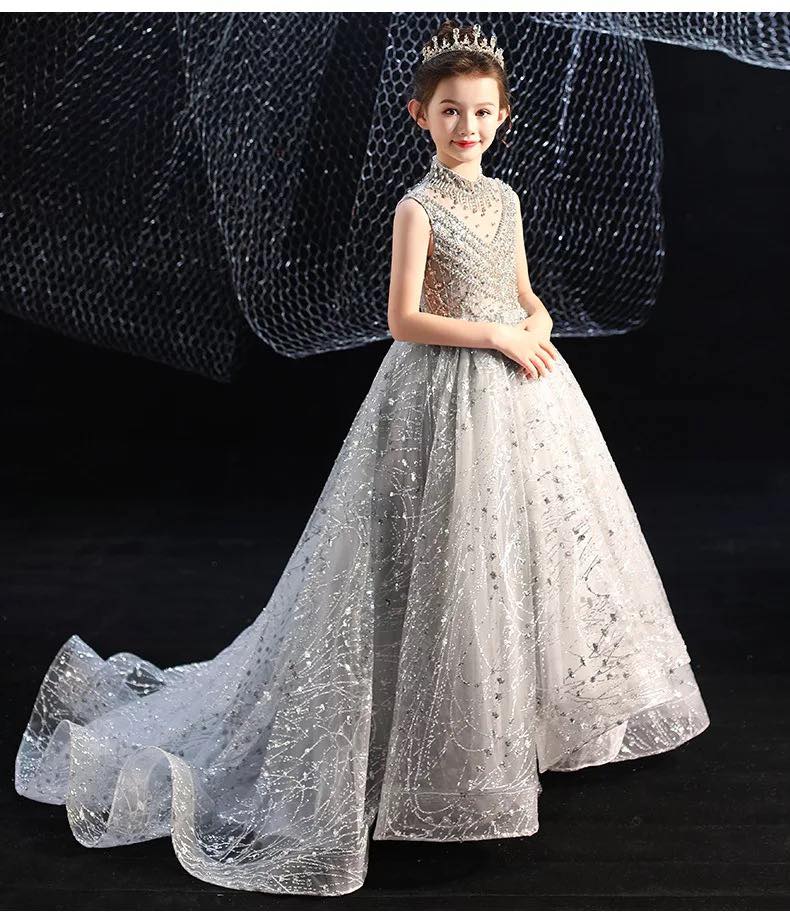 Sleeveless Crystal fluffy yarn tail kids host high-end little girl show evening Children party dress princess