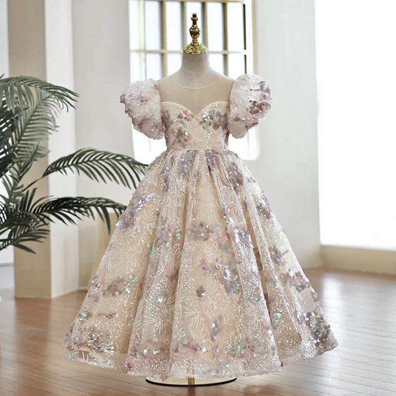 Sequned Flower Girls Princess Puff Sleeve Maxi Eveing  Dresses Kids Perfomance Party Eedding Ball Gown Dress