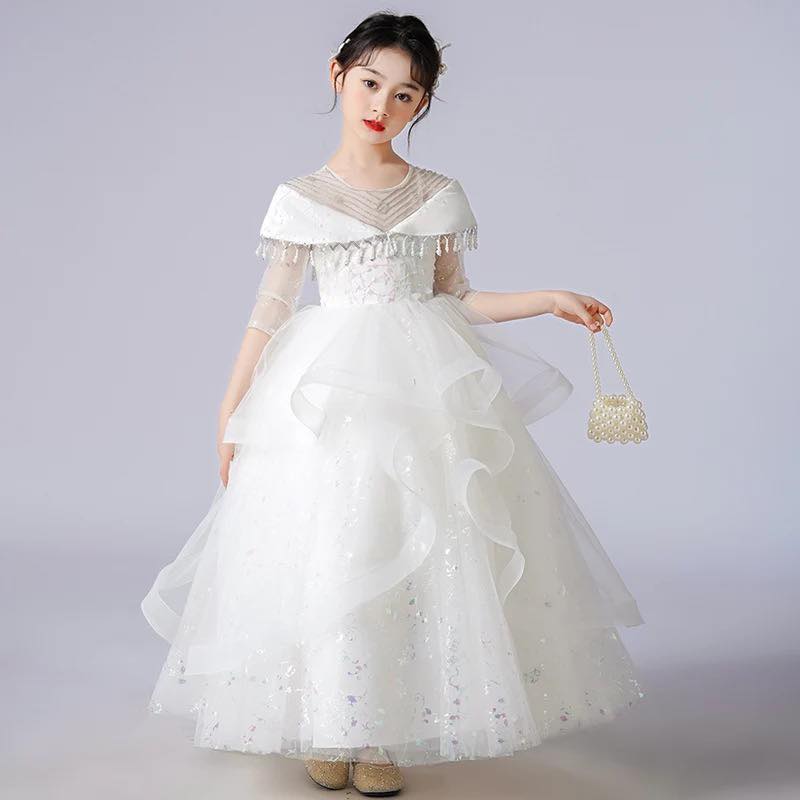 Girls Evening Dress Mesh Puff Lace Dress