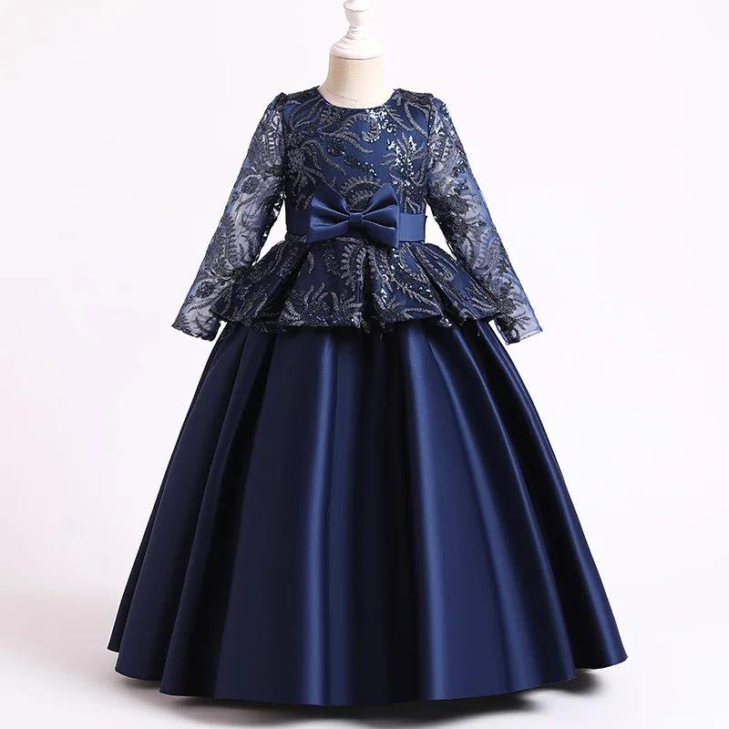 Sequined Embroidery Bow knot long sleeve girls wedding dresses flower kids wedding dresses flower girls