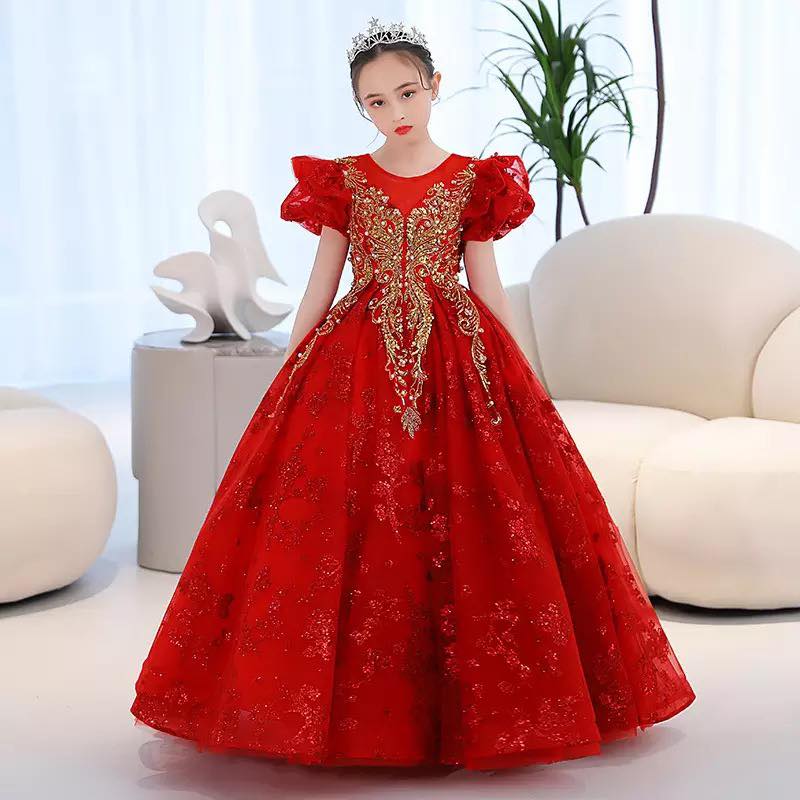 txy flower girl red rhinestone luxury party dress girl graceful sleeveless stage piano performance princess dress