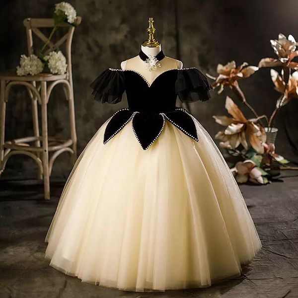 Black Top Flower Girls Dresses Elegant Tulle Lace Appliques Crystal Beads Puffy Children Kids Party Communion Gowns Ball Gown