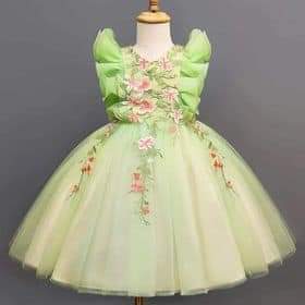 New Wedding Flower Girls, Party Dress Floral Embroidery Butterfly Lace Sleeves Green Elf Elven Puffy Tulle Dress Girl