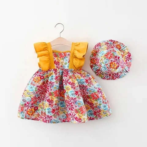 Summer new floral flying sleeve dress 0-2Y girl baby print dress hat casual low-cost dress