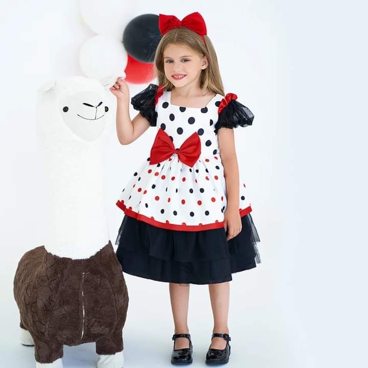 BAIGE Bow Knot Dot Printed Princess Pleated Performance Party Dress Kids Children Girl Costume