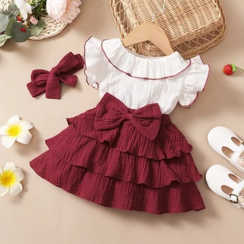 Little girl's short-sleeved dress Korean version children's fashion patchwork skirt bow A-line skirt+headband suit