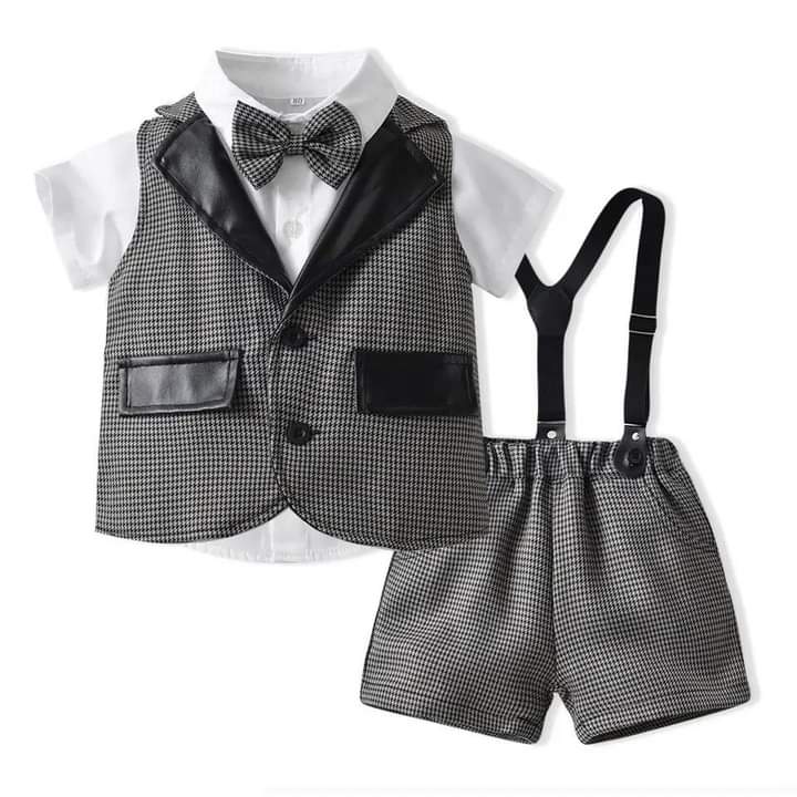 Short Sleeve Clothes Children Boys with Cotton Lapel Shirt and Leather Vest Strap Shorts