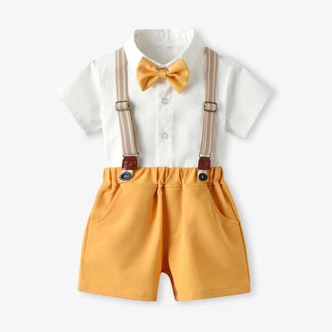 New summer casual Boys Clothing Set short sleeves striped bow tie shirt +solid overalls shorts gentle clothing set for kids