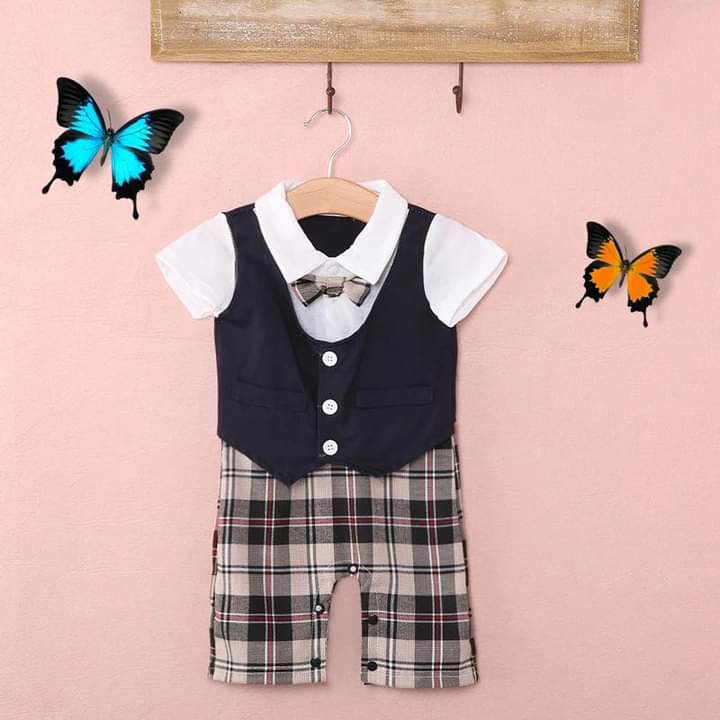 Summer Boys Climbing Bodysuit Boy Plaid Short-Sleeve Gentleman Baby Jumpsuit