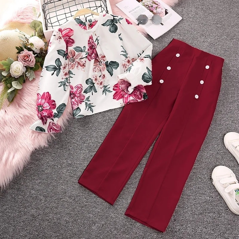 8-12 Years Boutique Spring Long Sleeves Kids Outfit Set Long Sleeves Floral Blouse Solid Trousers Teenage Girls Clothing